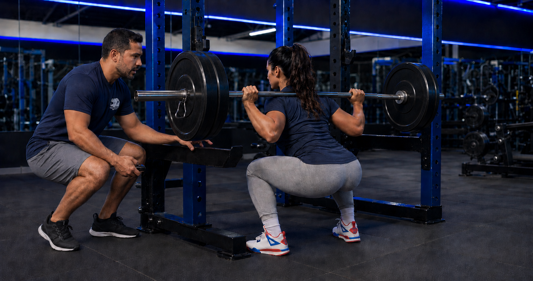 Entrenador acompañando una sentadilla con barra en Mental Power Training Center